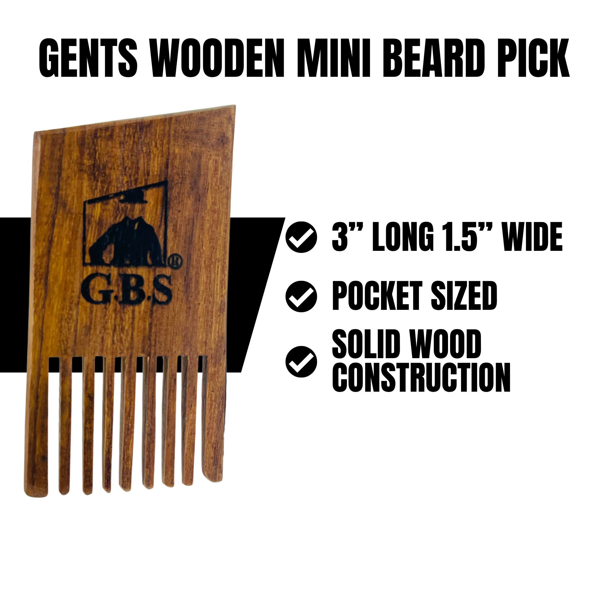 Beard Pick Comb GENTS Wooden Mini  – 3” x 1.5” Pocket Size Beard Comb for Men – Solid Wood Beard Detangler & Styling Pick for Thick or Curly Beards