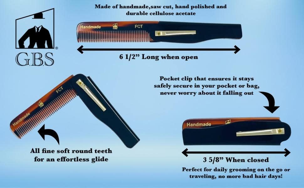 Comb Folding Pocket Combs 3 Pack – 6.5" Fine-Toothed FCT Dressing & Styling Combs for Men – Portable, Durable & Handcrafted for Beard, Hair & Mustache Styling GENTS
