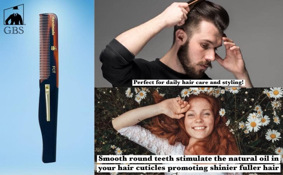 Comb Folding Pocket Combs 3 Pack – 6.5" Fine-Toothed FCT Dressing & Styling Combs for Men – Portable, Durable & Handcrafted for Beard, Hair & Mustache Styling GENTS
