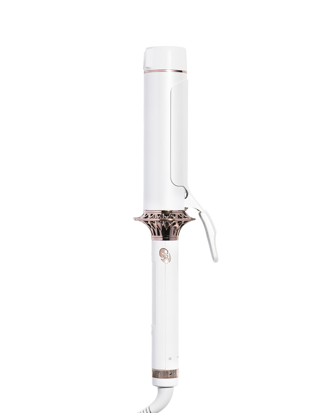 White hair curling iron with rose gold accents on a white background