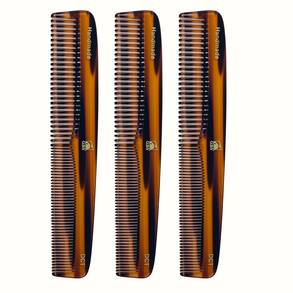 Combs (3 Pack) DCT 7" Handmade Tortoise Styling & Dressing Comb – Dual Tooth Cellulose Acetate Comb for Men & Women – Hand-Sawed & Polished GENTS