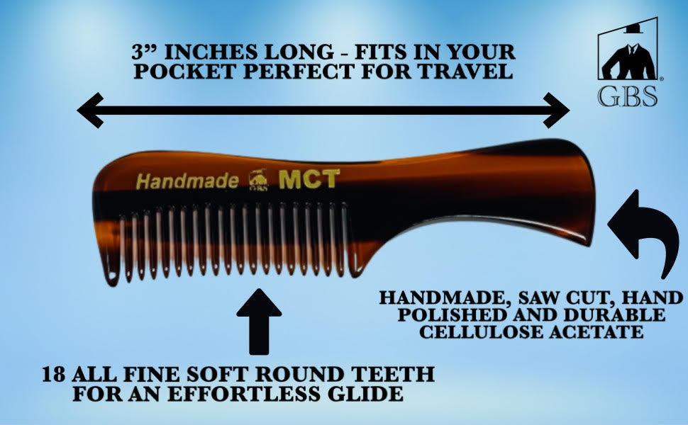 Comb 3" Handmade Mustache Comb – Fine Tooth Cellulose Acetate Pocket Comb for Beard & Hair Styling GENTS
