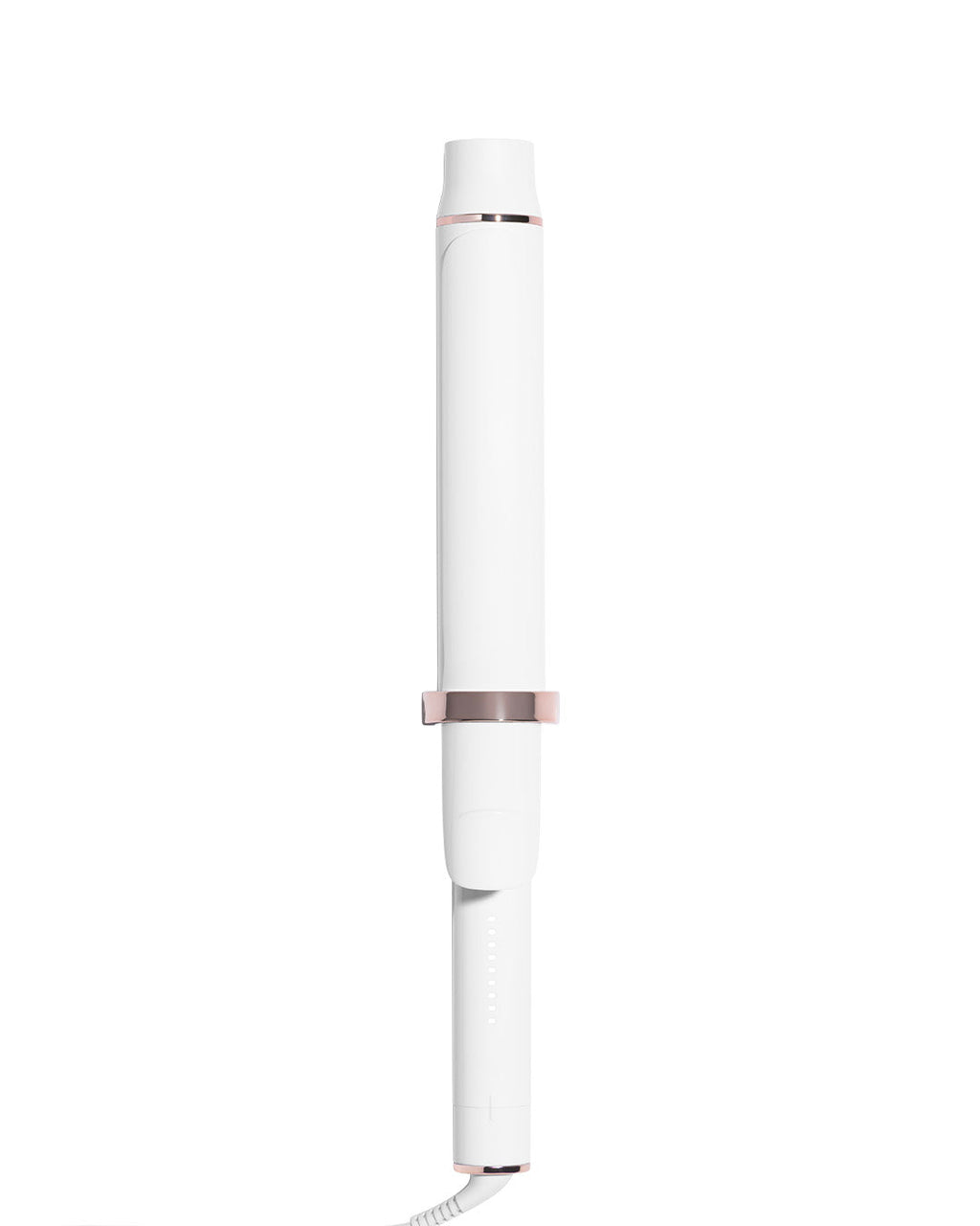 White hair curler with a rose gold band on a white background