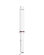 White hair curler with a rose gold band on a white background