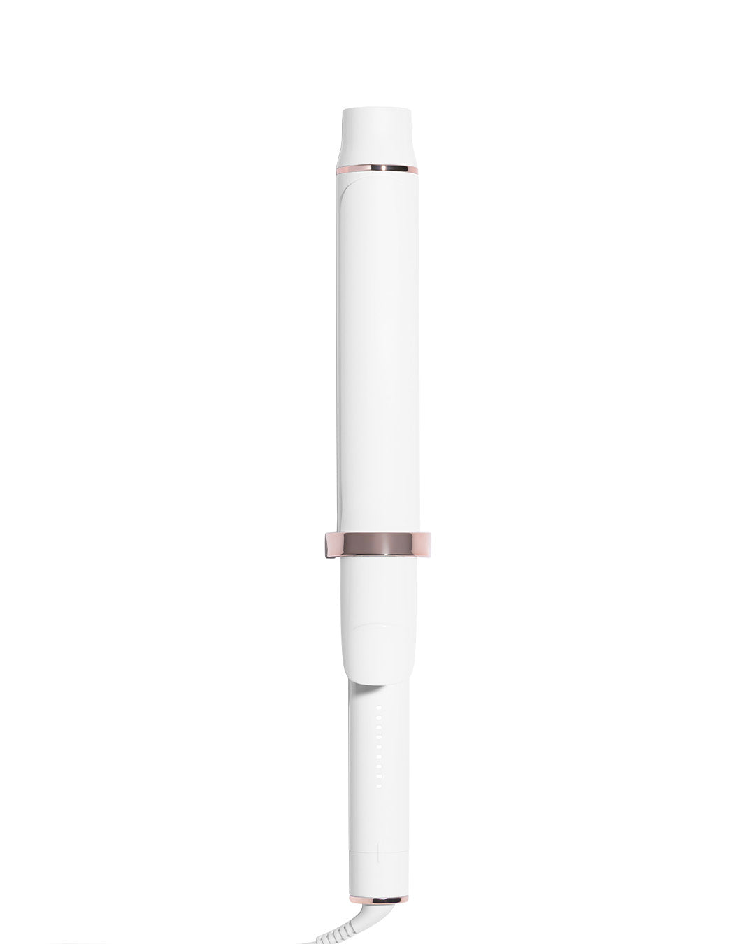 White hair curler with a rose gold band on a white background