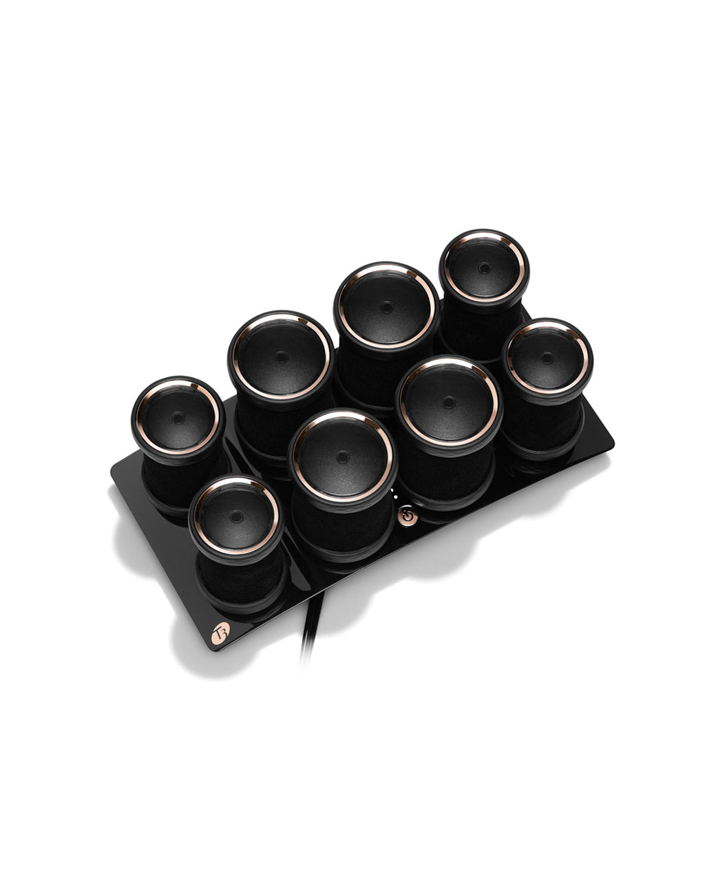 Set of black hot rollers with a matching black tray on a white background