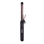 Sleek curling iron with rose gold barrel and black handle featuring digital controls for temperature adjustment.