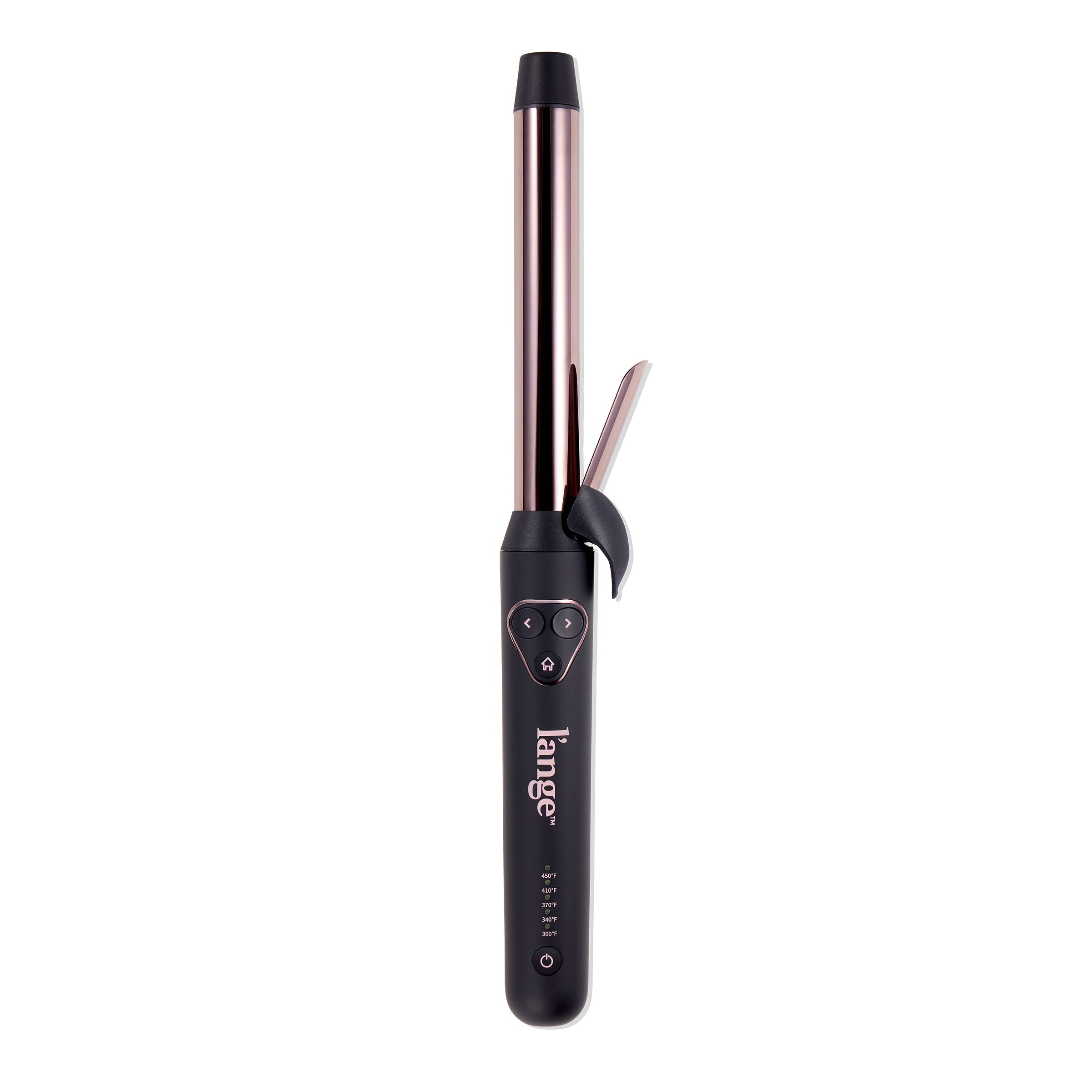 Sleek curling iron with rose gold barrel and black handle featuring digital controls for temperature adjustment.