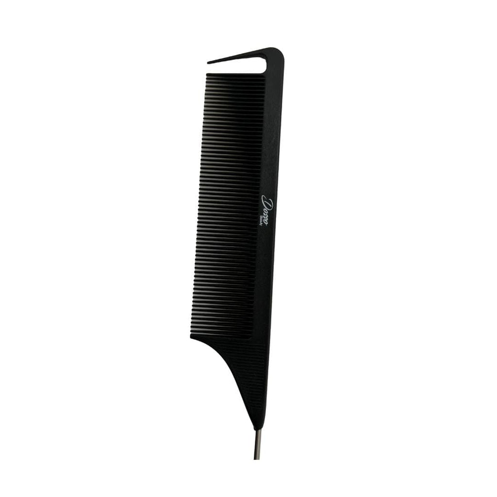 Black carbon fiber comb with metal end on a white background