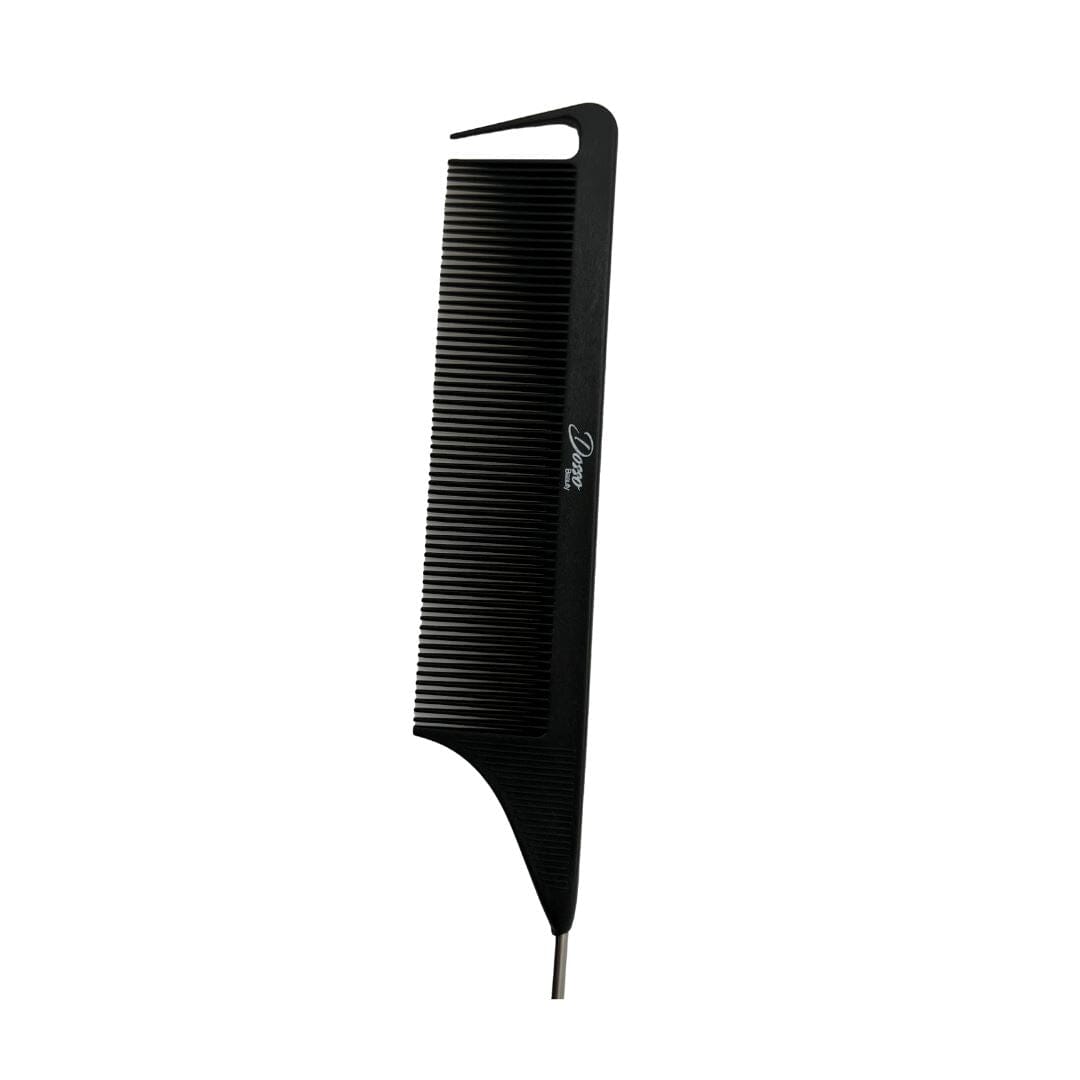 Black carbon fiber comb with metal end on a white background