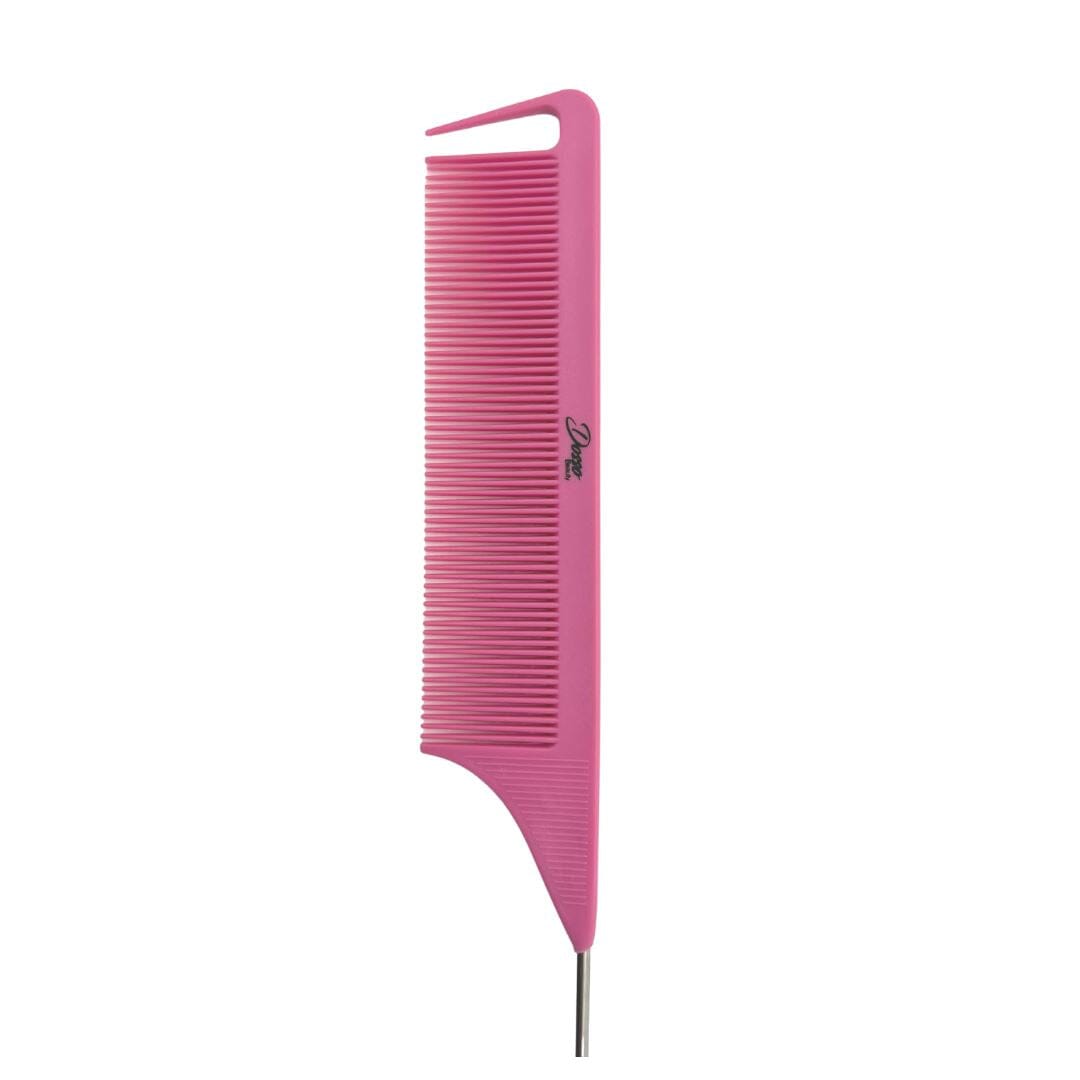 Pink carbon fiber comb with metal end on a white background